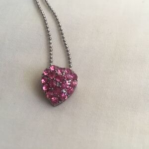 Silvertone Pink Crystals Heart Necklace